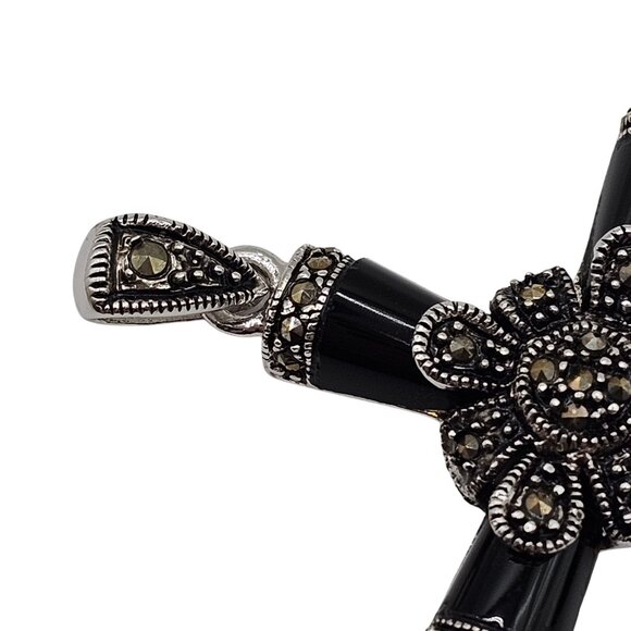 VTG Necklace Pendant Black Silver Onyx Marcasite Cross Religious Faith Gothic - Picture 9 of 14